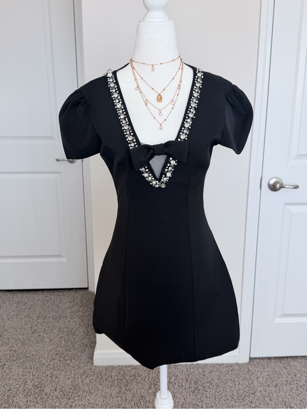 Black Rhinestone Bow Mini Dress – Size XS